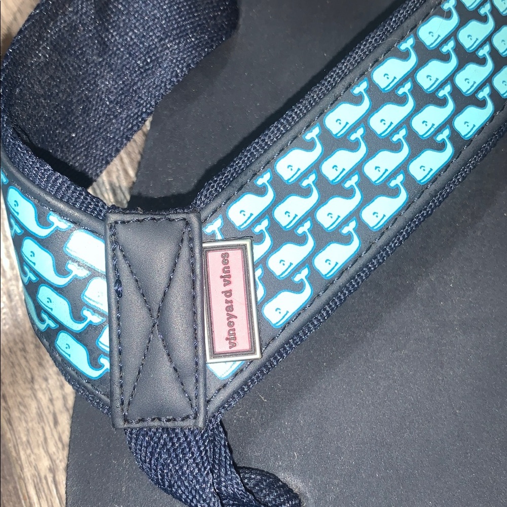 Vineyard Vines Black Flip Flop Sandals with Turquoise Whale Pattern - Picture 3 of 5